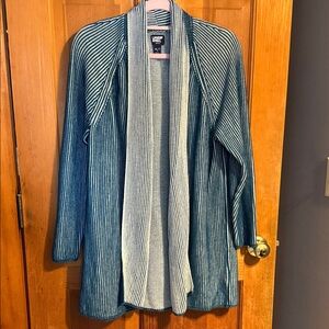 Lands' End Teal and Cream Striped Open Cardigan